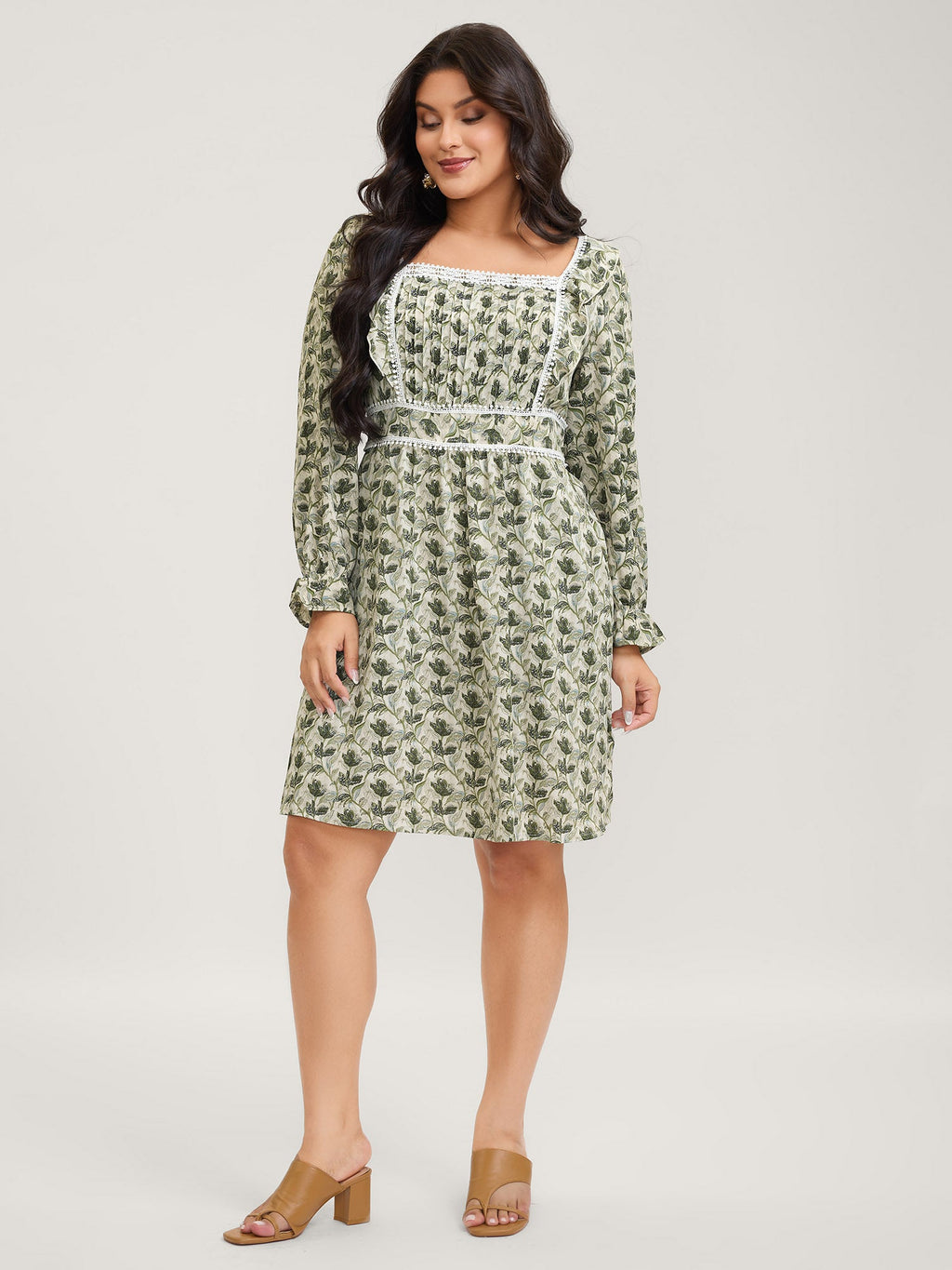 Fall Floral Print Lace Trim Midi Dress