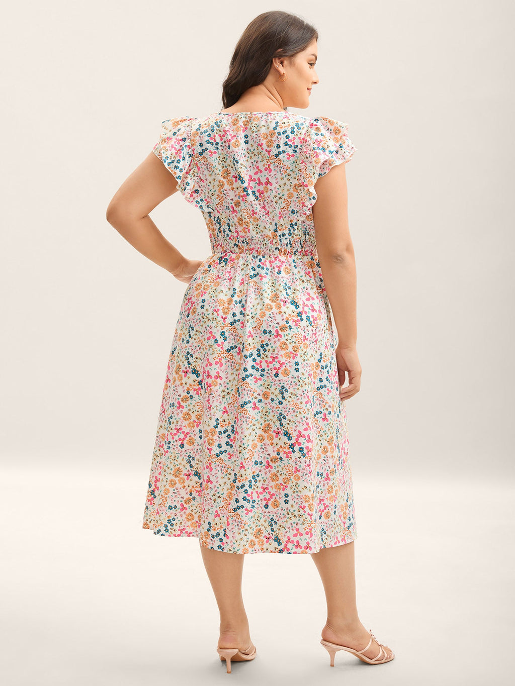 Sweet Floral Print Lace Neck Midi Dress