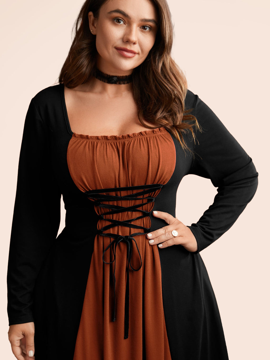 Stretchy Knit Adjustable Tie Frill Trim Midi Dress